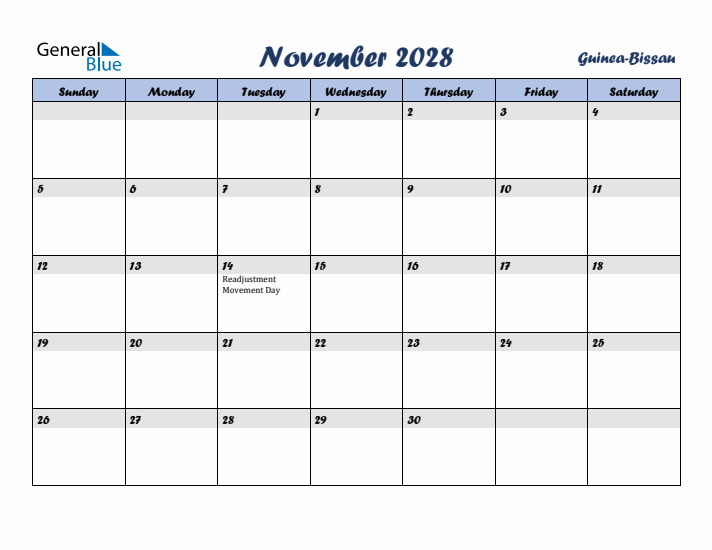 November 2028 Calendar with Holidays in Guinea-Bissau