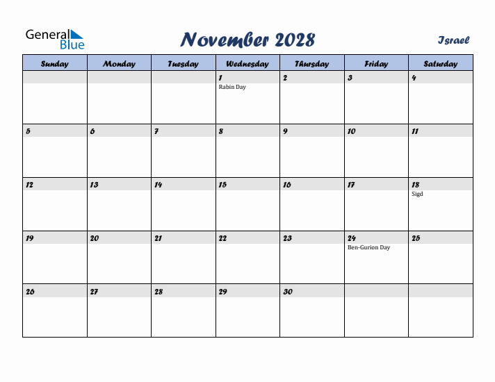 November 2028 Calendar with Holidays in Israel