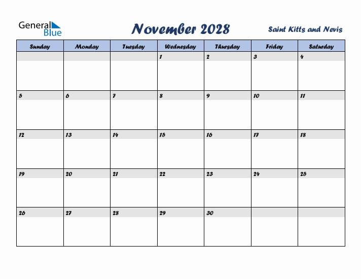 November 2028 Calendar with Holidays in Saint Kitts and Nevis