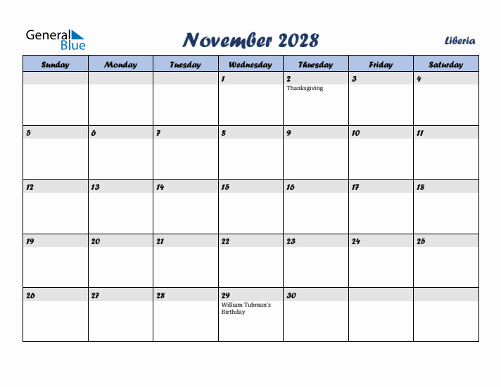 November 2028 Calendar with Holidays in Liberia