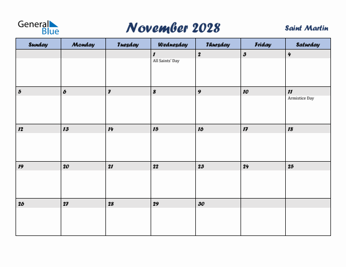 November 2028 Calendar with Holidays in Saint Martin