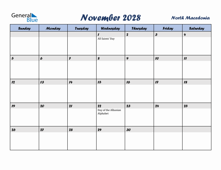 November 2028 Calendar with Holidays in North Macedonia