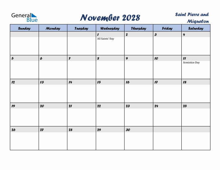 November 2028 Calendar with Holidays in Saint Pierre and Miquelon