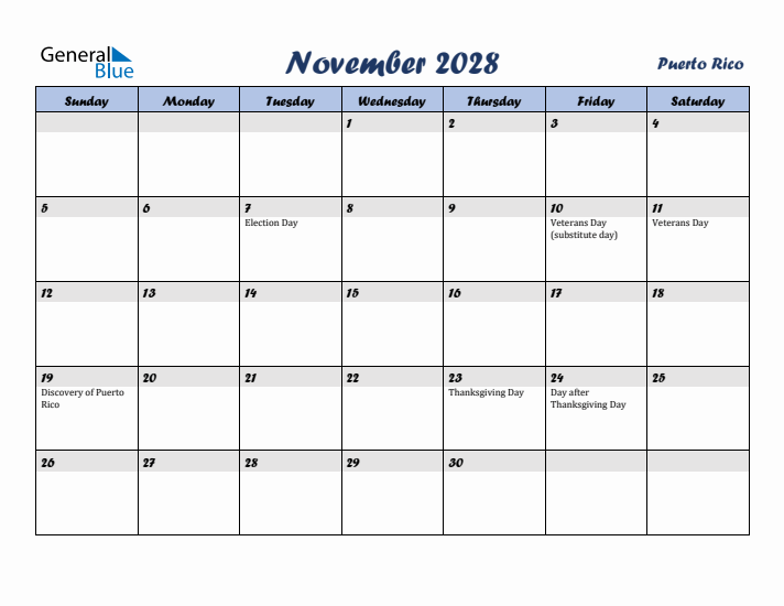 November 2028 Calendar with Holidays in Puerto Rico