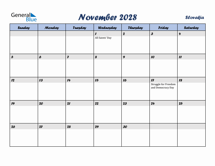 November 2028 Calendar with Holidays in Slovakia