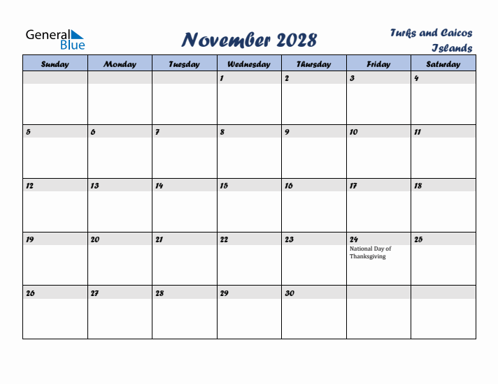 November 2028 Calendar with Holidays in Turks and Caicos Islands