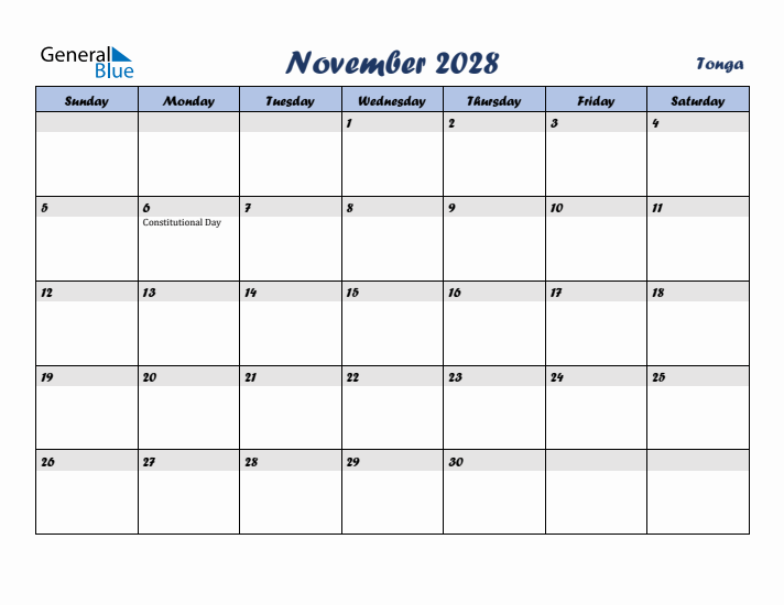 November 2028 Calendar with Holidays in Tonga