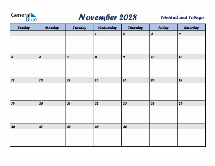 November 2028 Calendar with Holidays in Trinidad and Tobago
