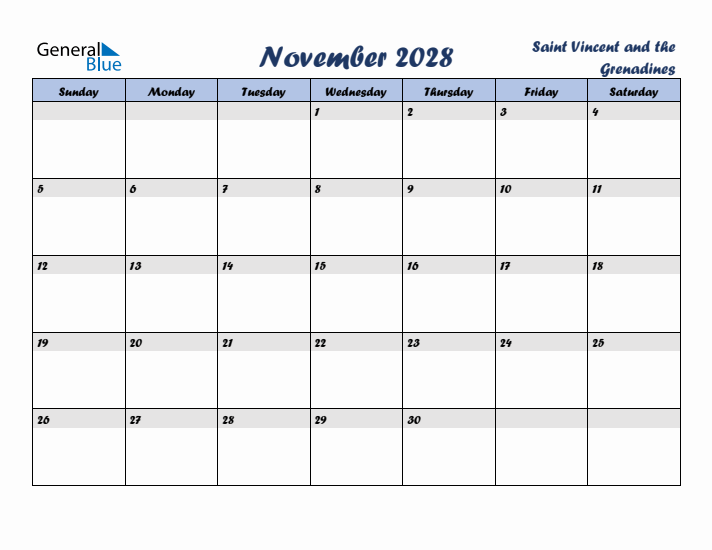 November 2028 Calendar with Holidays in Saint Vincent and the Grenadines
