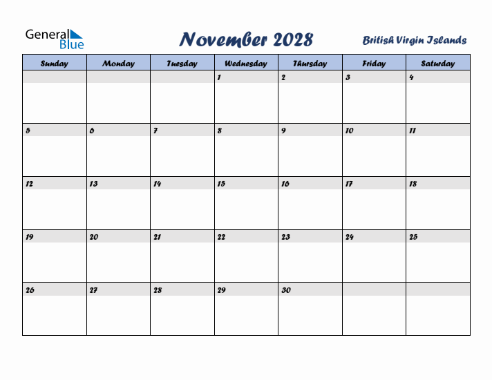 November 2028 Calendar with Holidays in British Virgin Islands