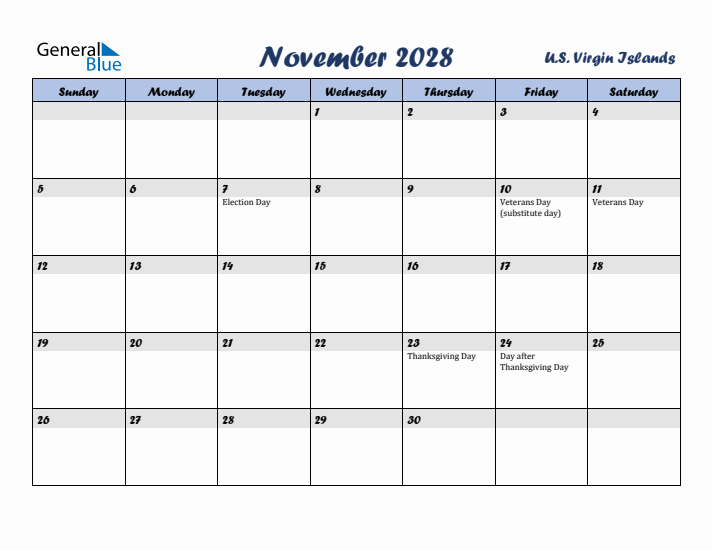 November 2028 Calendar with Holidays in U.S. Virgin Islands