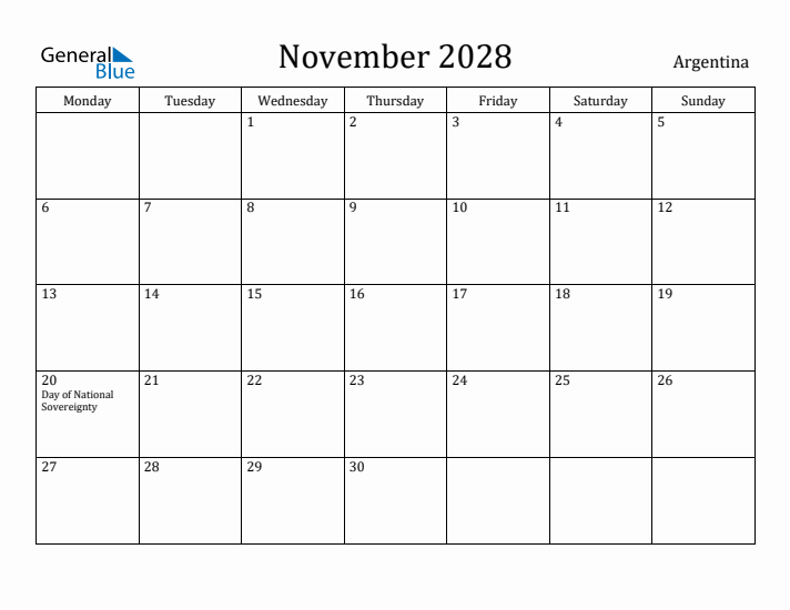 November 2028 Calendar Argentina