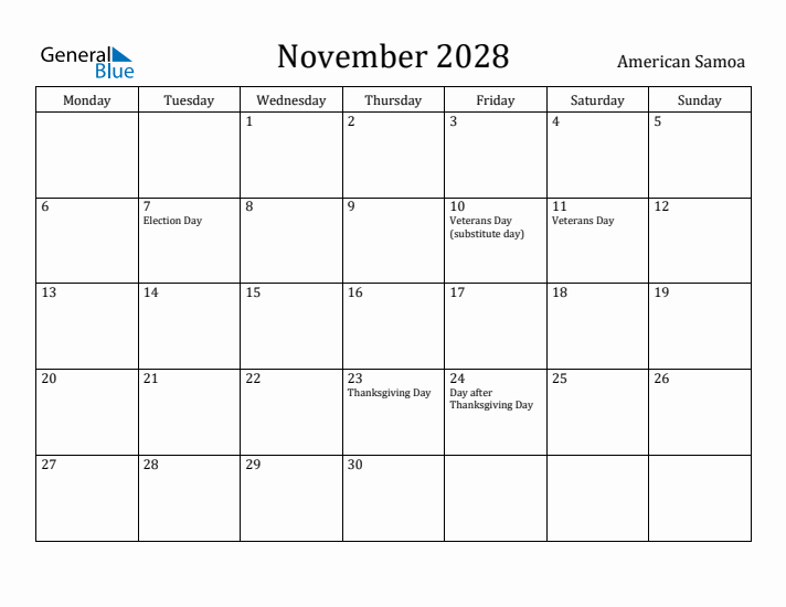 November 2028 Calendar American Samoa