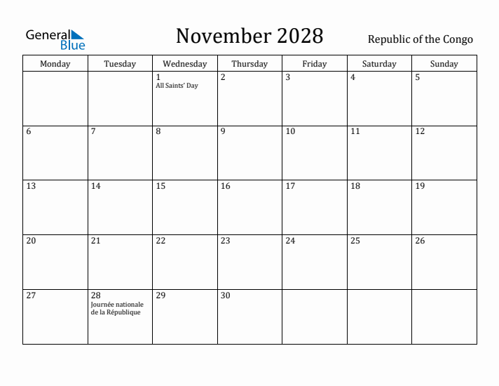November 2028 Calendar Republic of the Congo