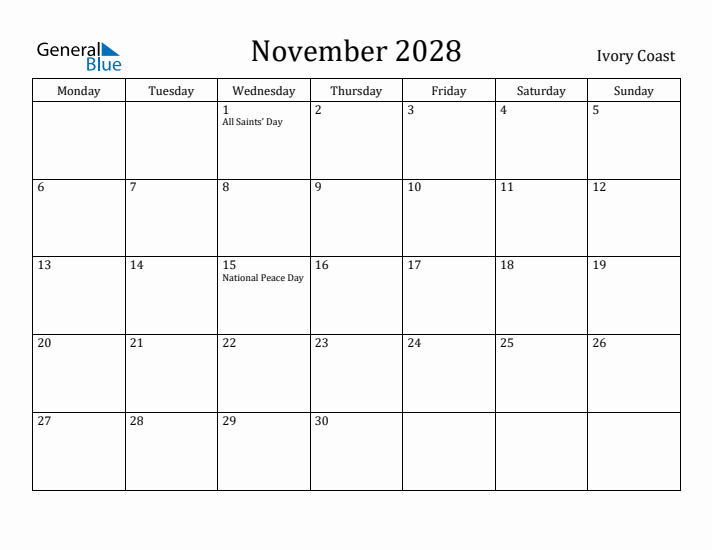 November 2028 Calendar Ivory Coast