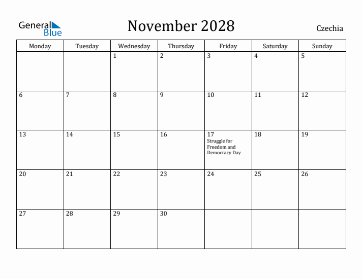 November 2028 Calendar Czechia