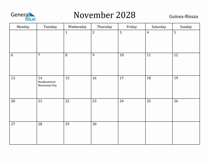 November 2028 Calendar Guinea-Bissau