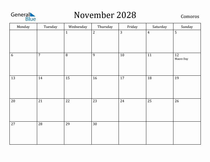 November 2028 Calendar Comoros