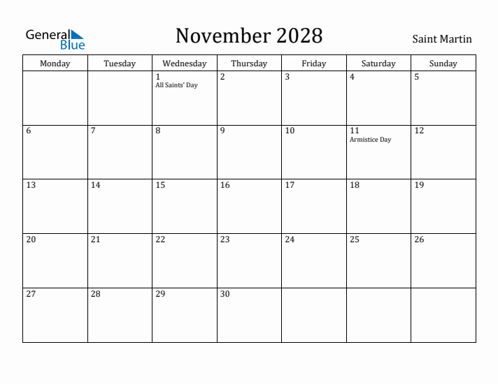 November 2028 Calendar Saint Martin