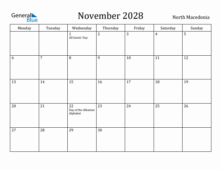 November 2028 Calendar North Macedonia