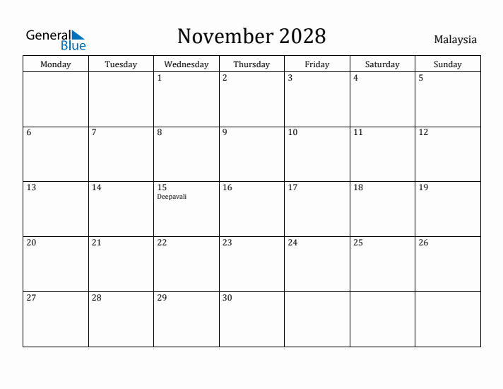 November 2028 Calendar Malaysia