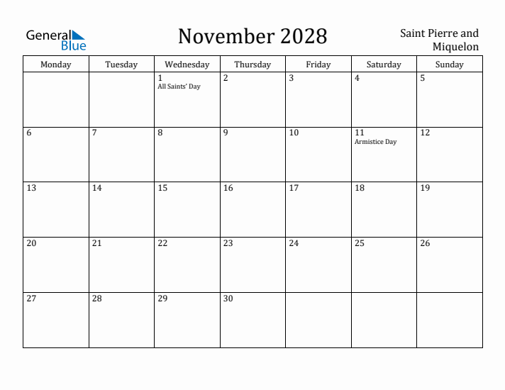 November 2028 Calendar Saint Pierre and Miquelon