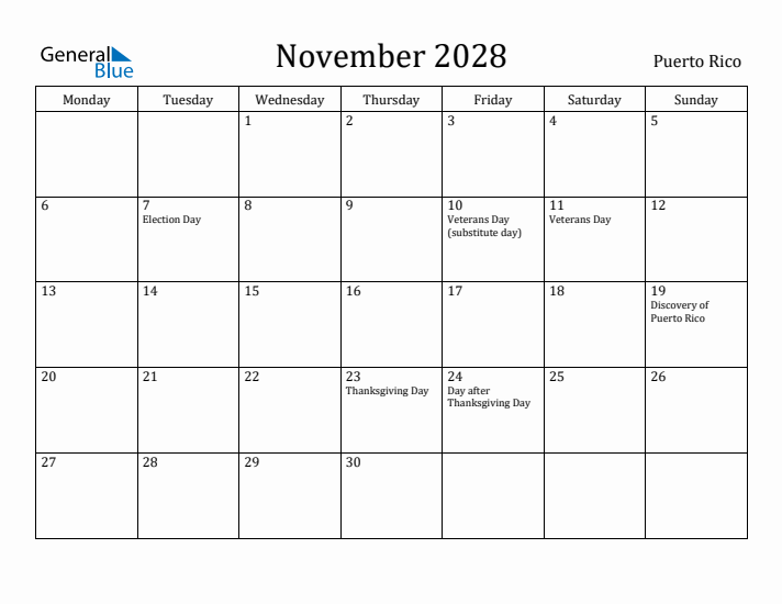 November 2028 Calendar Puerto Rico