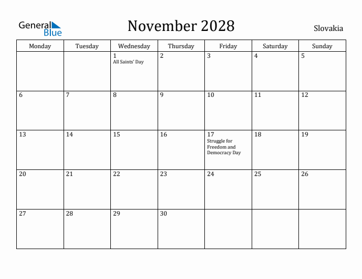 November 2028 Calendar Slovakia