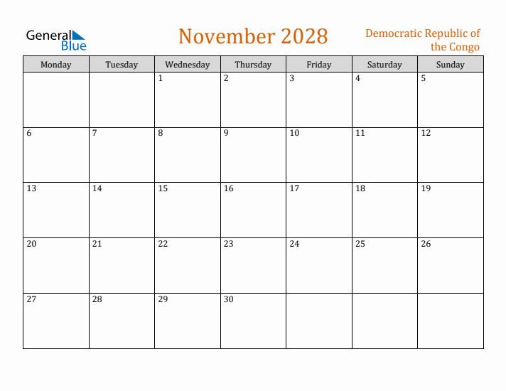 November 2028 Holiday Calendar with Monday Start