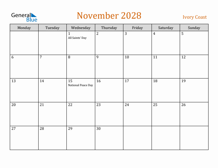 November 2028 Holiday Calendar with Monday Start