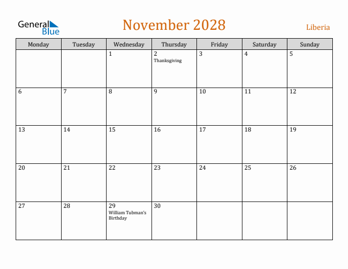 November 2028 Holiday Calendar with Monday Start