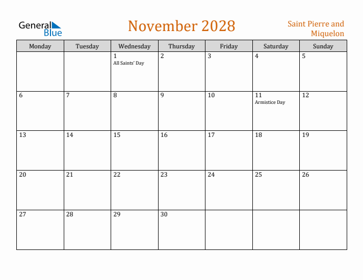 November 2028 Holiday Calendar with Monday Start