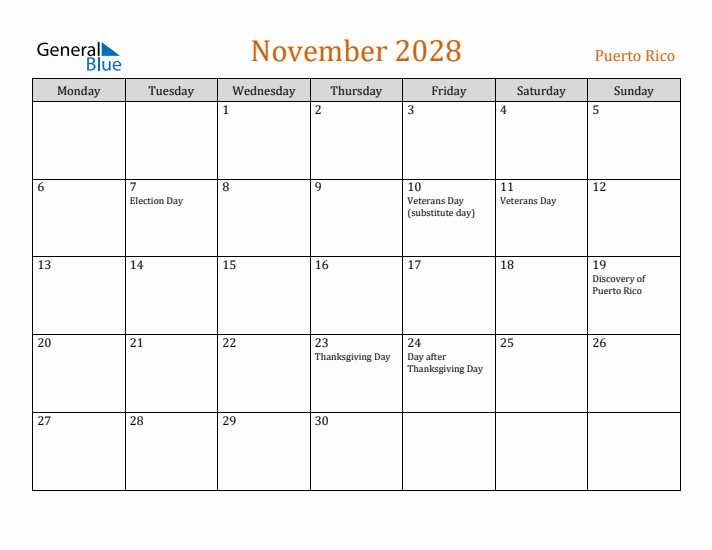 November 2028 Holiday Calendar with Monday Start