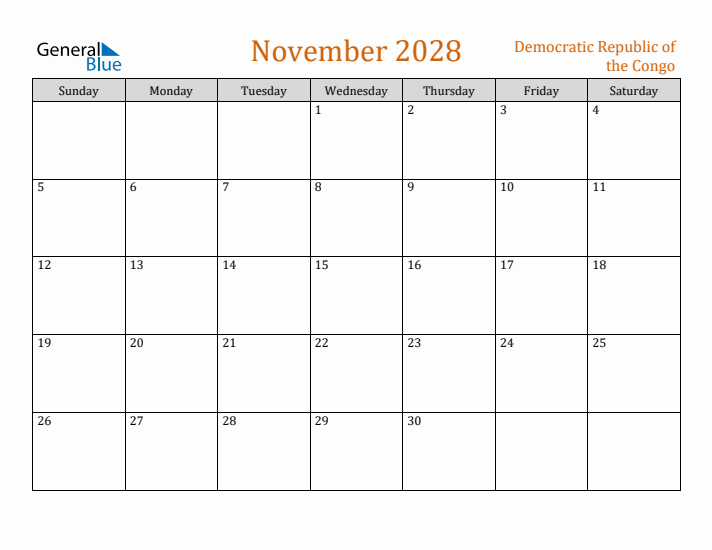 November 2028 Holiday Calendar with Sunday Start