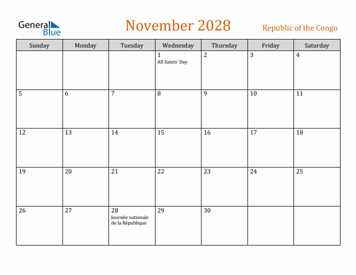 November 2028 Holiday Calendar with Sunday Start