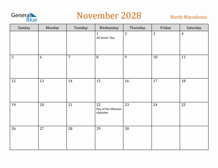 November 2028 Holiday Calendar with Sunday Start