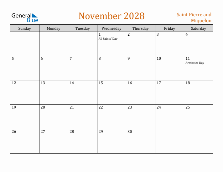 November 2028 Holiday Calendar with Sunday Start