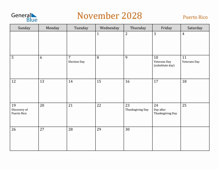 November 2028 Holiday Calendar with Sunday Start