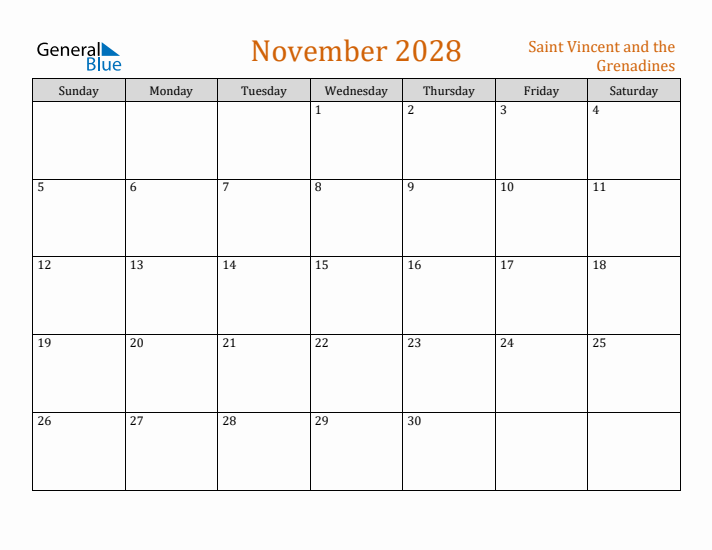November 2028 Holiday Calendar with Sunday Start