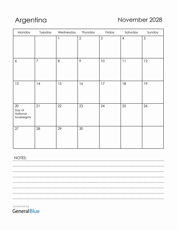 November 2028 Argentina Calendar with Holidays (Monday Start)