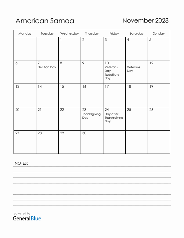 November 2028 American Samoa Calendar with Holidays (Monday Start)