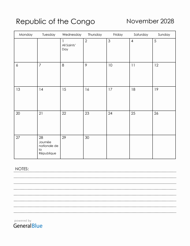 November 2028 Republic of the Congo Calendar with Holidays (Monday Start)