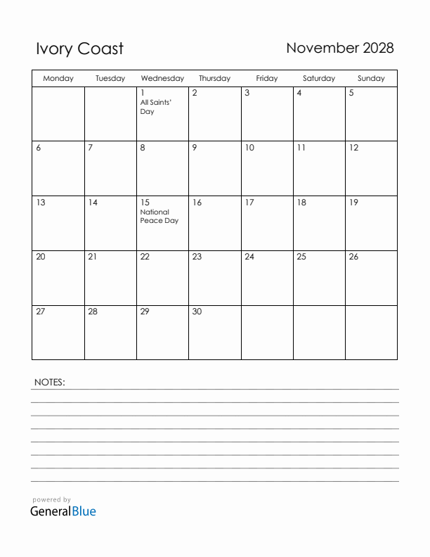November 2028 Ivory Coast Calendar with Holidays (Monday Start)