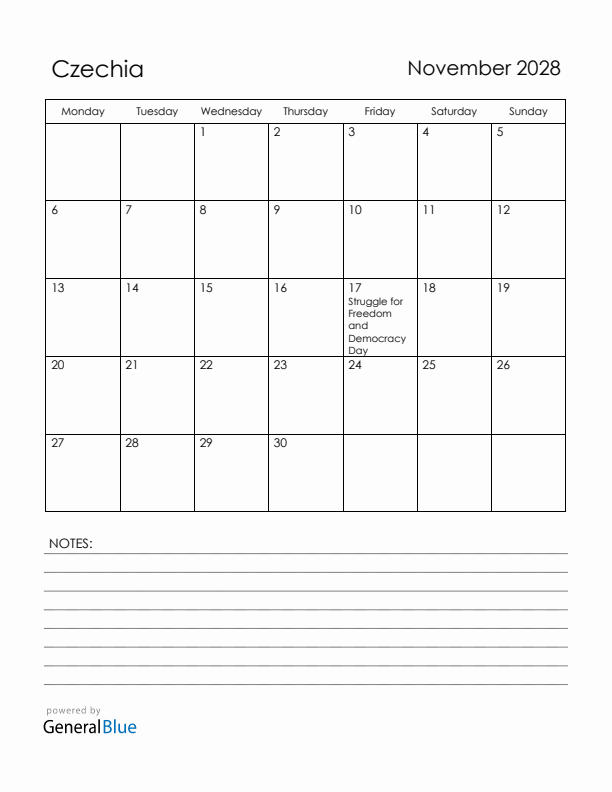 November 2028 Czechia Calendar with Holidays (Monday Start)