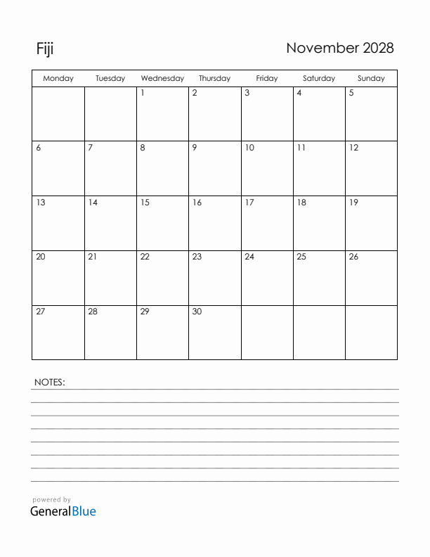 November 2028 Fiji Calendar with Holidays (Monday Start)