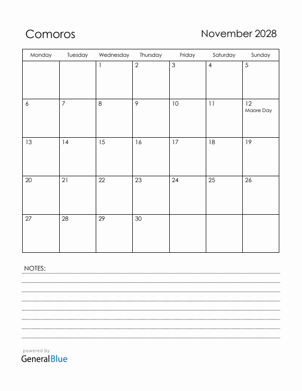 November 2028 Comoros Calendar with Holidays (Monday Start)