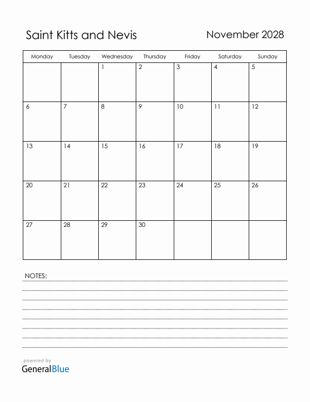 November 2028 Saint Kitts and Nevis Calendar with Holidays (Monday Start)