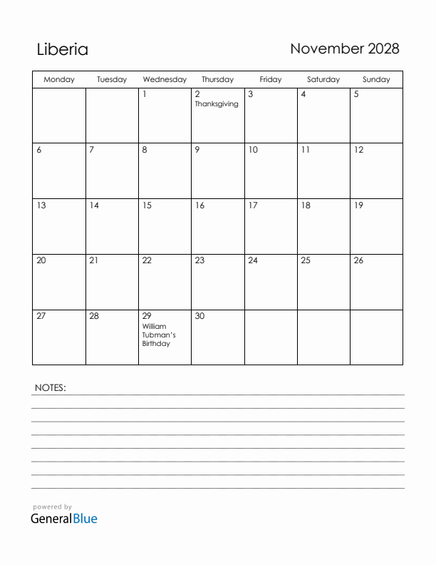 November 2028 Liberia Calendar with Holidays (Monday Start)