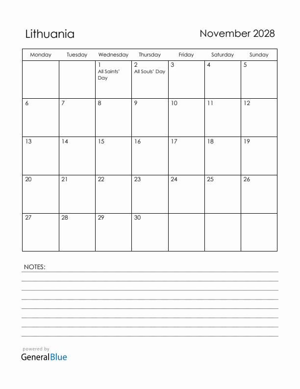 November 2028 Lithuania Calendar with Holidays (Monday Start)