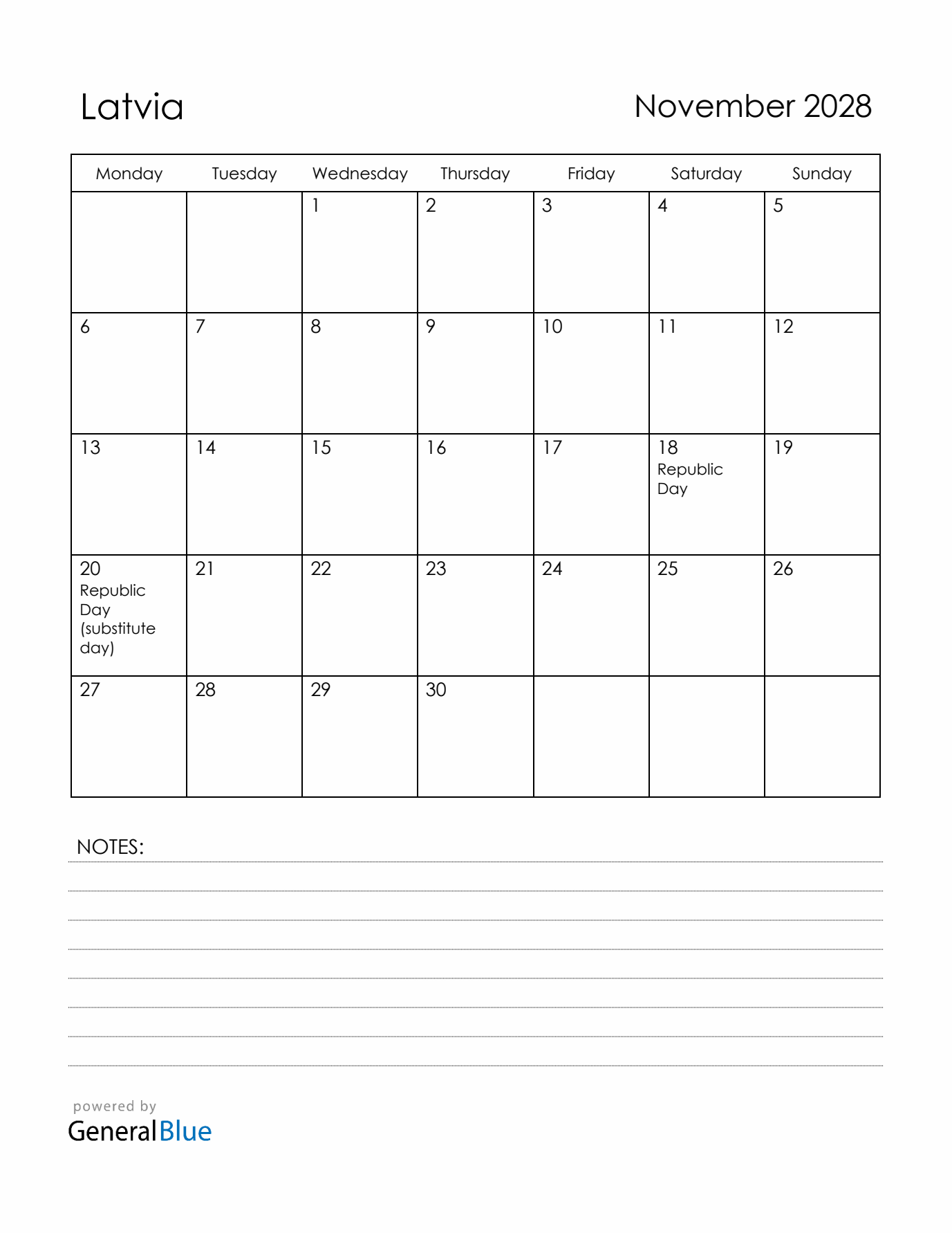 November 2028 Latvia Calendar with Holidays (Monday Start)